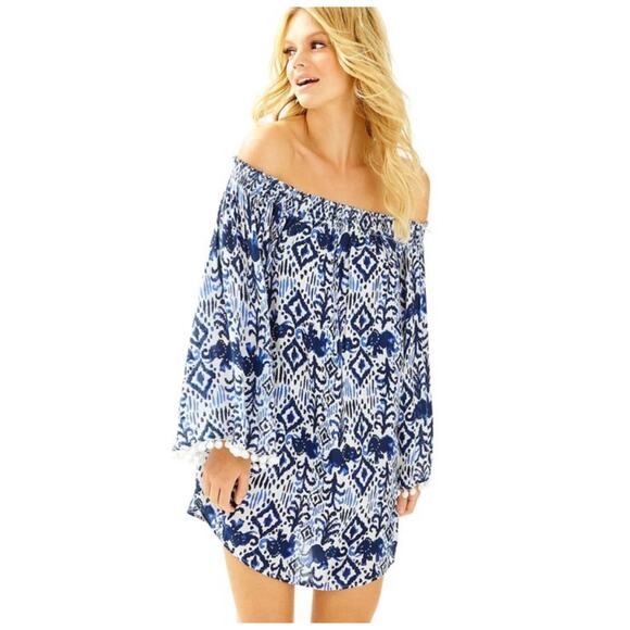 NWT Lilly Pulitzer Nita Off Shoulder Cover Up Dress Womens XXS Blue White - Picture 1 of 8
